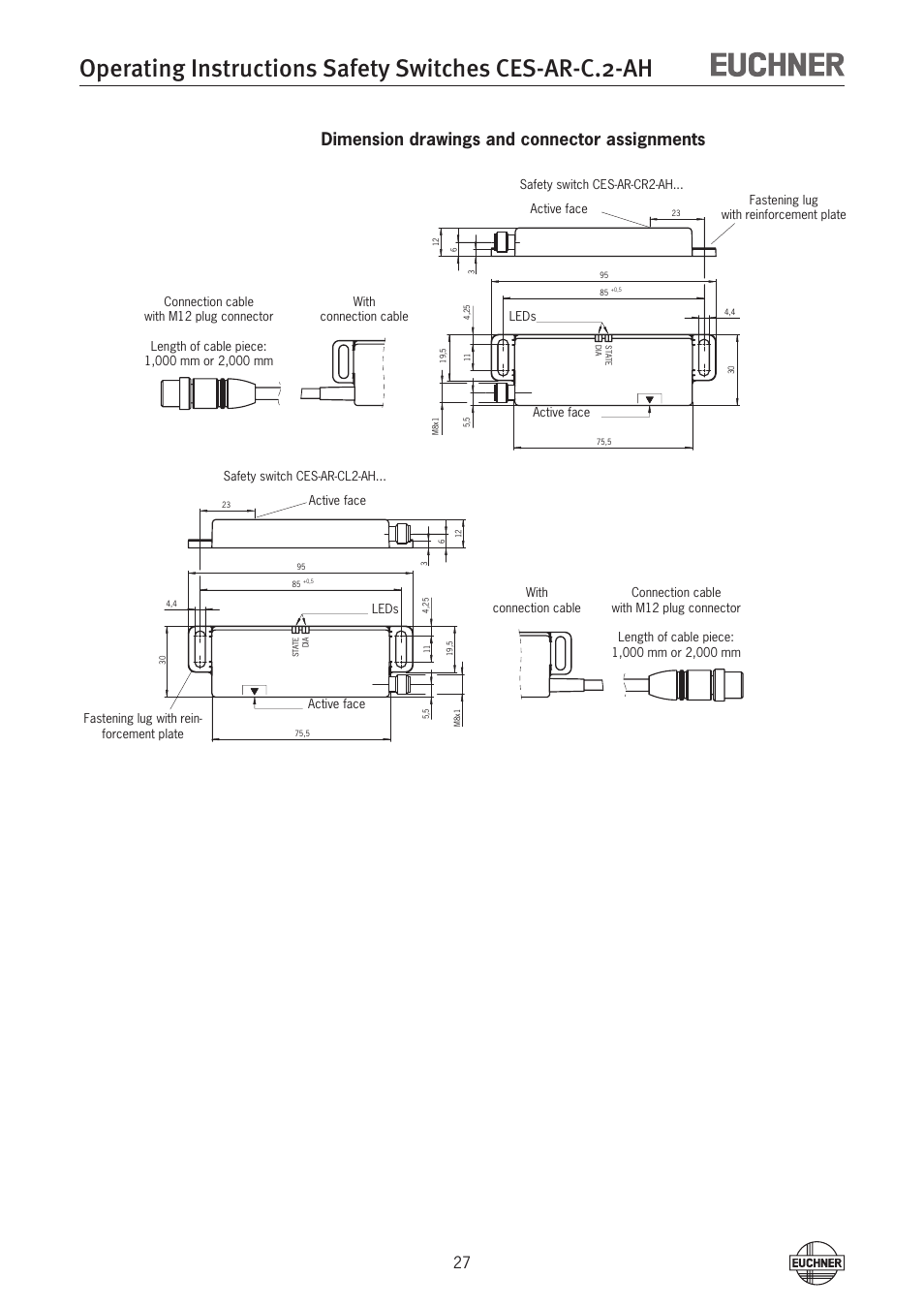 Dimension drawings and connector assignments | EUCHNER CES-AR-CL2-AH (Unicode) User Manual | Page 27 / 36