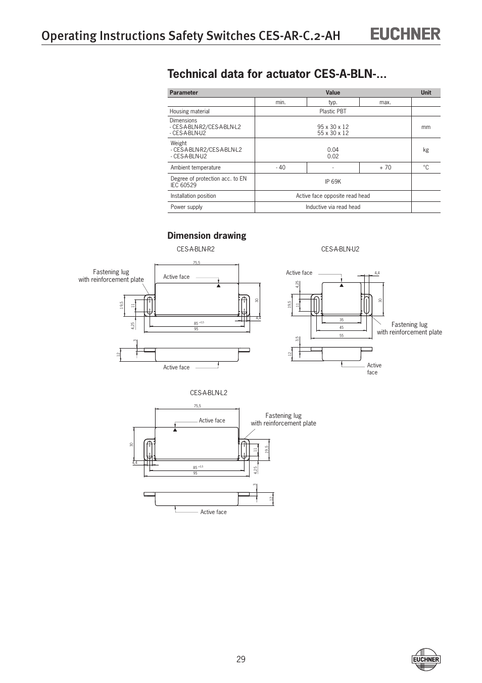 Technical data for actuator ces-a-bln, Dimension drawing | EUCHNER CES-AR-CL2-AH (Unicode) User Manual | Page 29 / 36