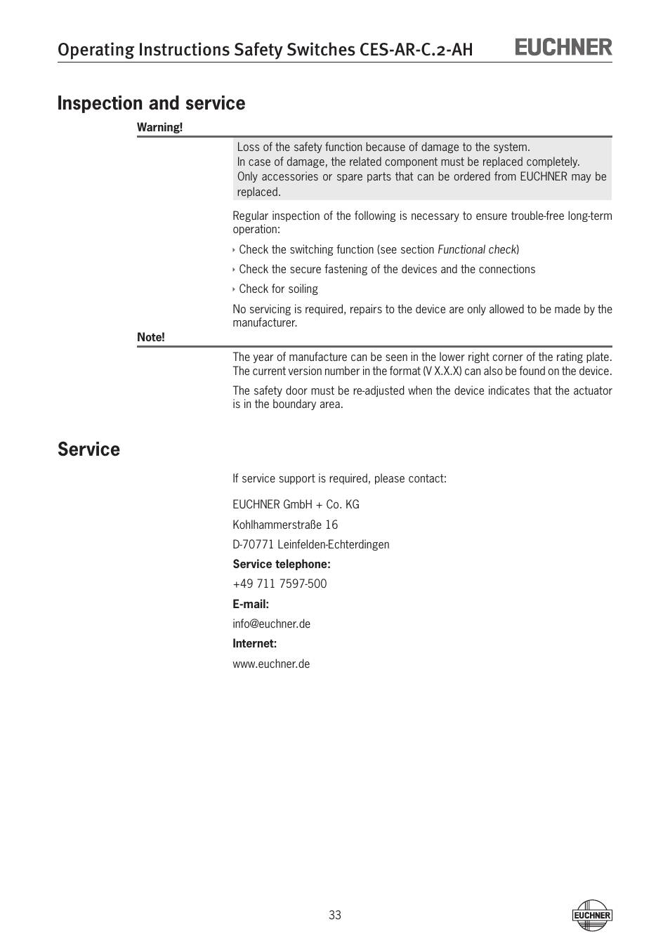 Inspection and service, Service | EUCHNER CES-AR-CL2-AH (Unicode) User Manual | Page 33 / 36
