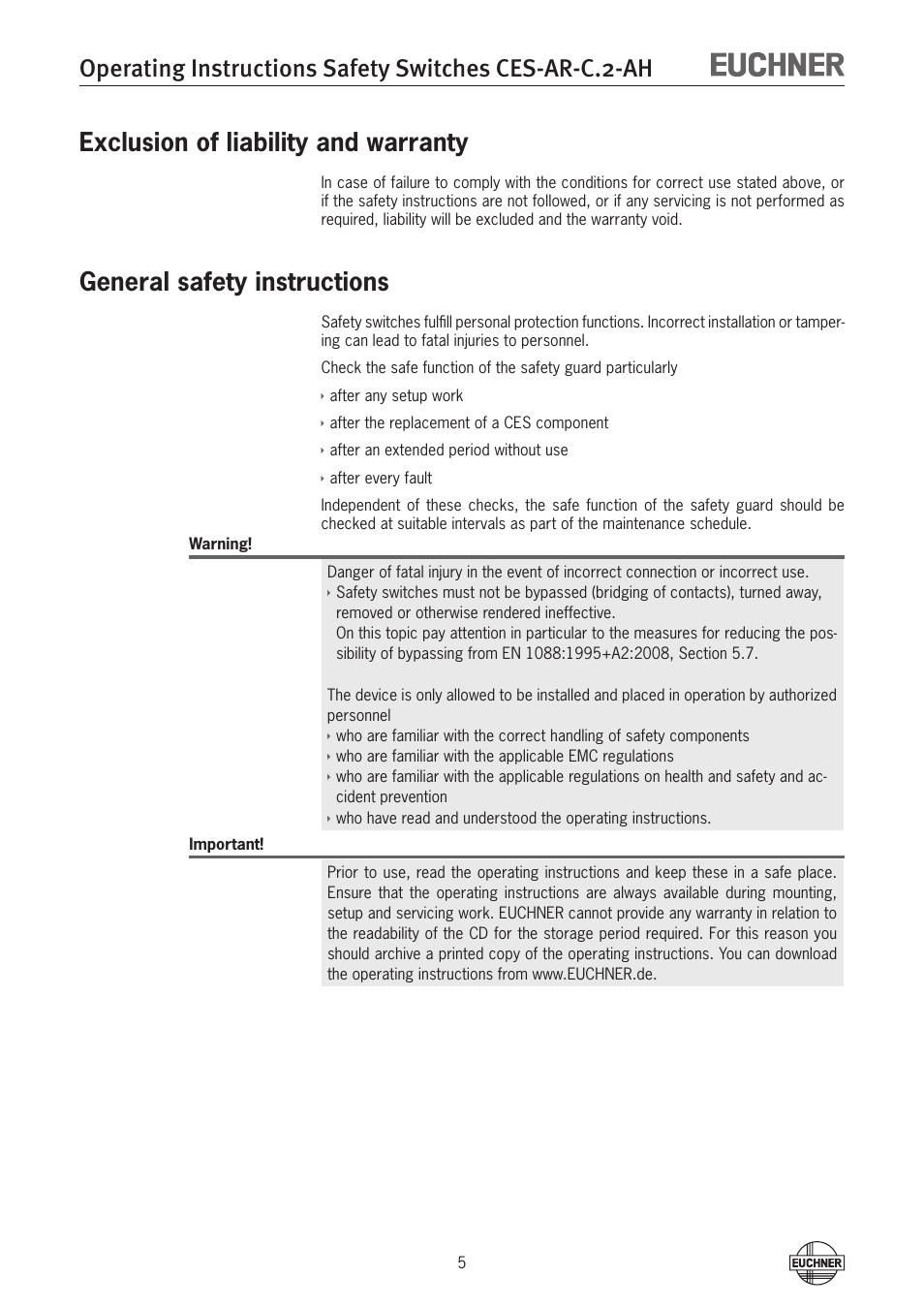 Exclusion of liability and warranty, General safety instructions | EUCHNER CES-AR-CL2-AH (Unicode) User Manual | Page 5 / 36