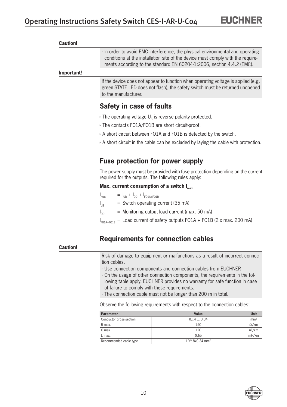 Safety in case of faults, Fuse protection for power supply, Requirements for connection cables | EUCHNER CES-I-AR-U-C04 (Unicode) User Manual | Page 10 / 36