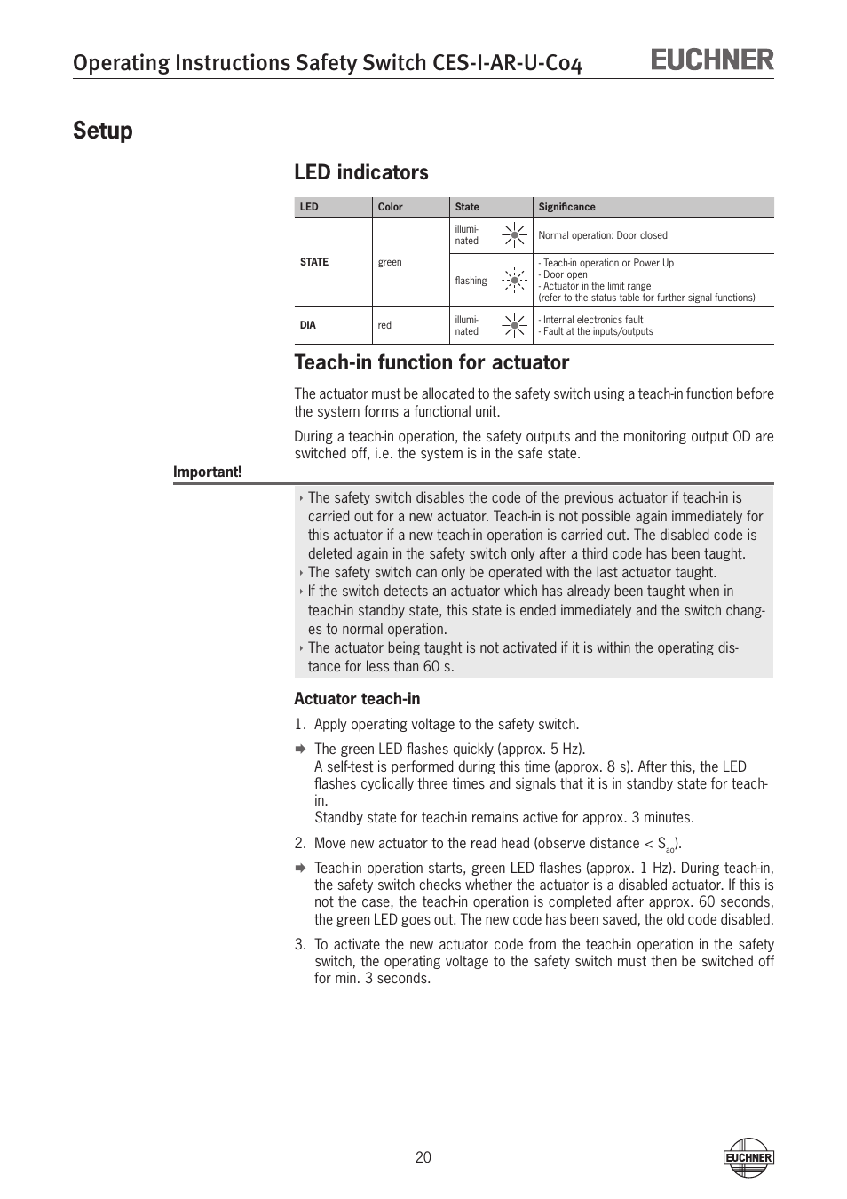 Setup, Led indicators, Teach-in function for actuator | Setup 20 led indicators | EUCHNER CES-I-AR-U-C04 (Unicode) User Manual | Page 20 / 36