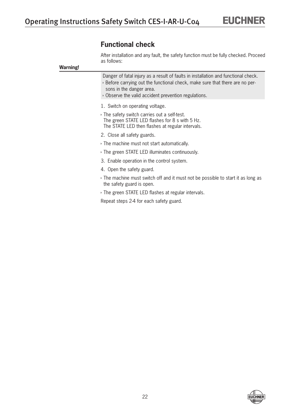 Functional check | EUCHNER CES-I-AR-U-C04 (Unicode) User Manual | Page 22 / 36