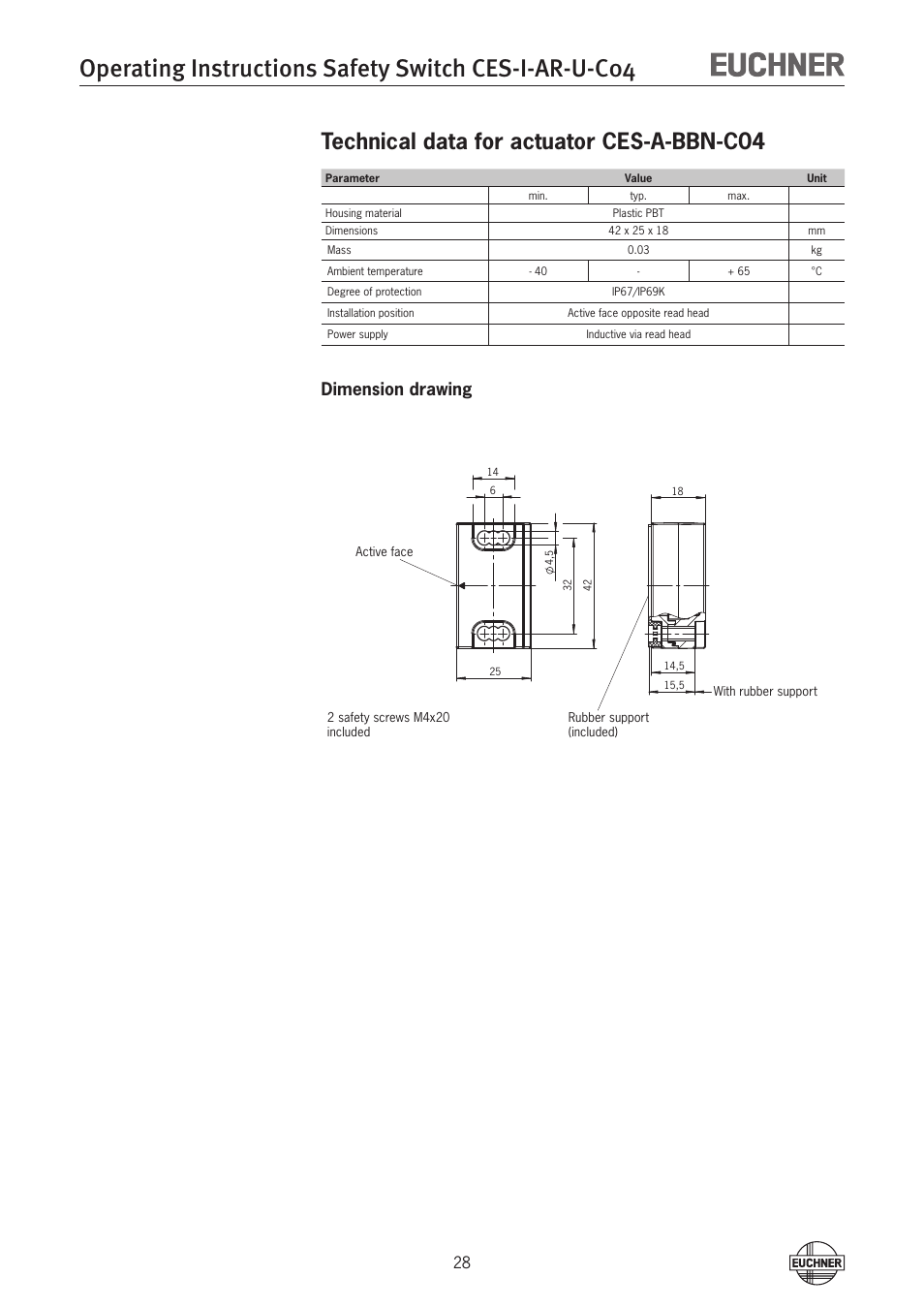 Technical data for actuator ces-a-bbn-c04, Dimension drawing | EUCHNER CES-I-AR-U-C04 (Unicode) User Manual | Page 28 / 36