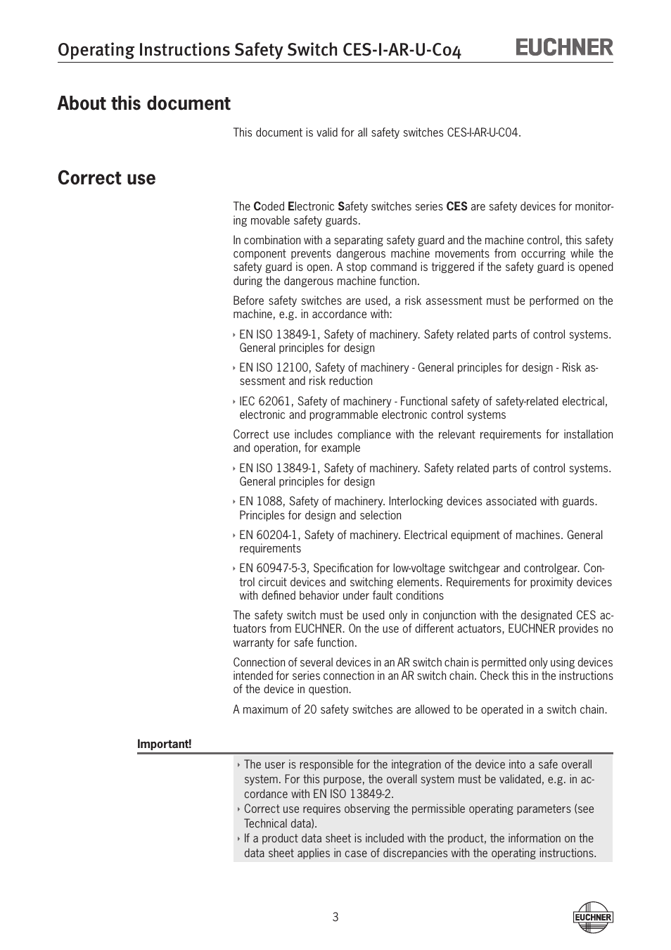 About this document, Correct use | EUCHNER CES-I-AR-U-C04 (Unicode) User Manual | Page 3 / 36