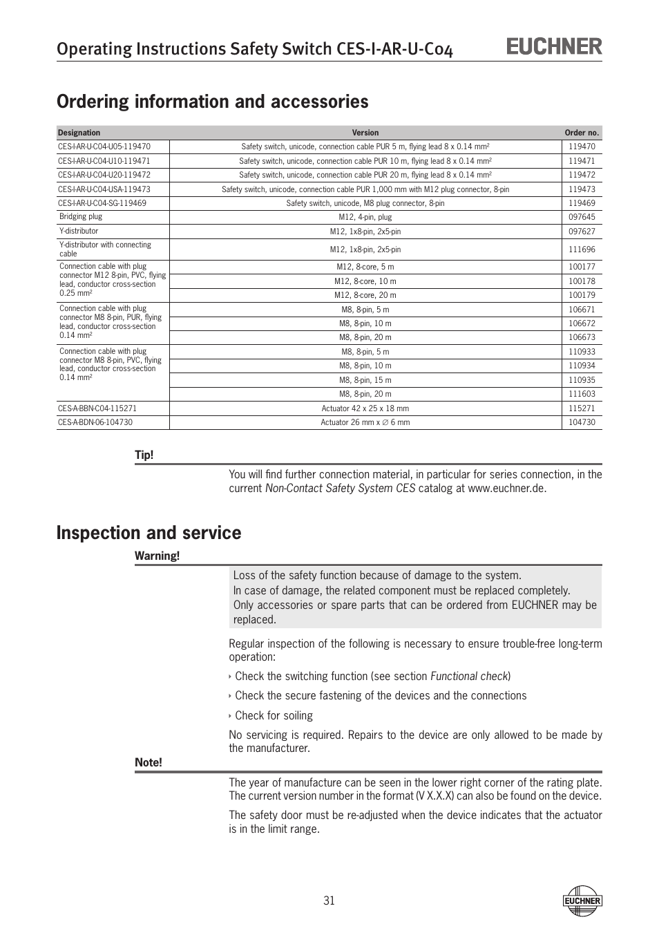 Ordering information and accessories, Inspection and service | EUCHNER CES-I-AR-U-C04 (Unicode) User Manual | Page 31 / 36