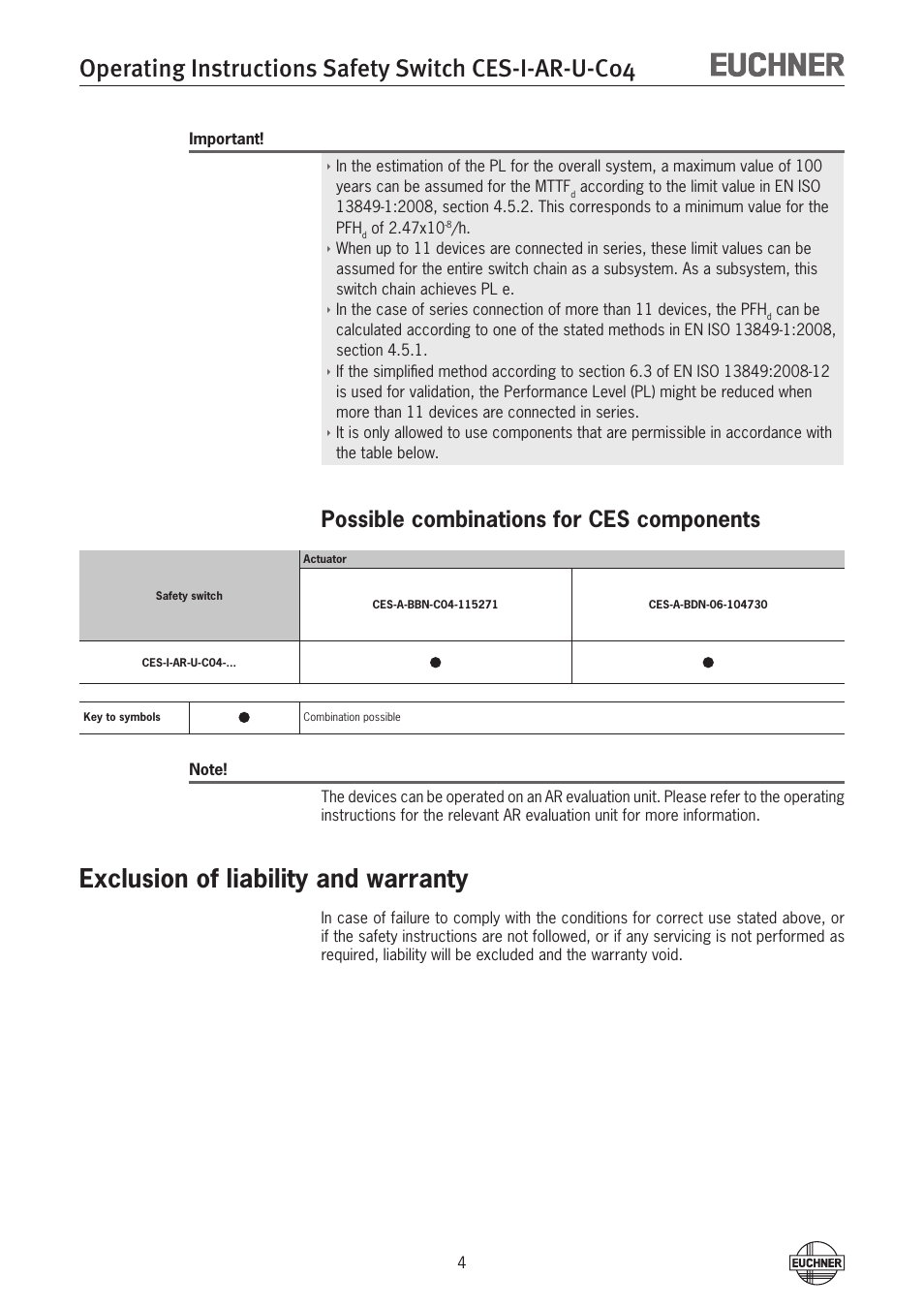 Possible combinations for ces components, Exclusion of liability and warranty | EUCHNER CES-I-AR-U-C04 (Unicode) User Manual | Page 4 / 36