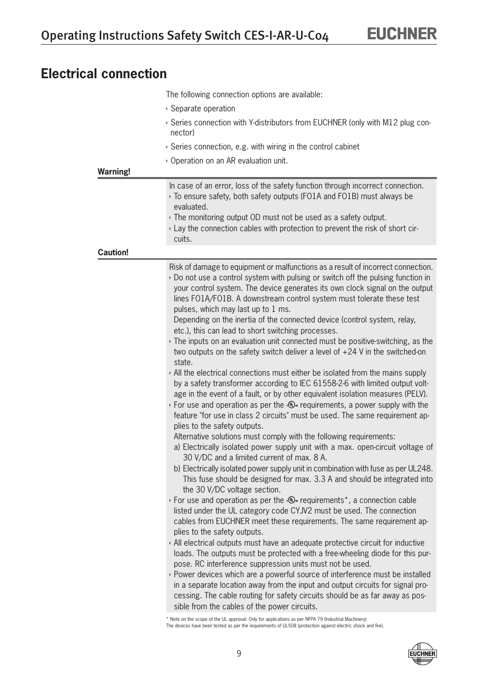 Electrical connection | EUCHNER CES-I-AR-U-C04 (Unicode) User Manual | Page 9 / 36