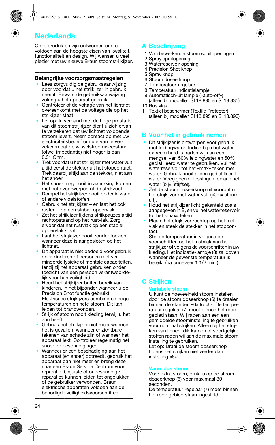 Nederlands, A beschrijving, B voor het in gebruik nemen | C strijken | Braun 4690 User Manual | Page 24 / 70