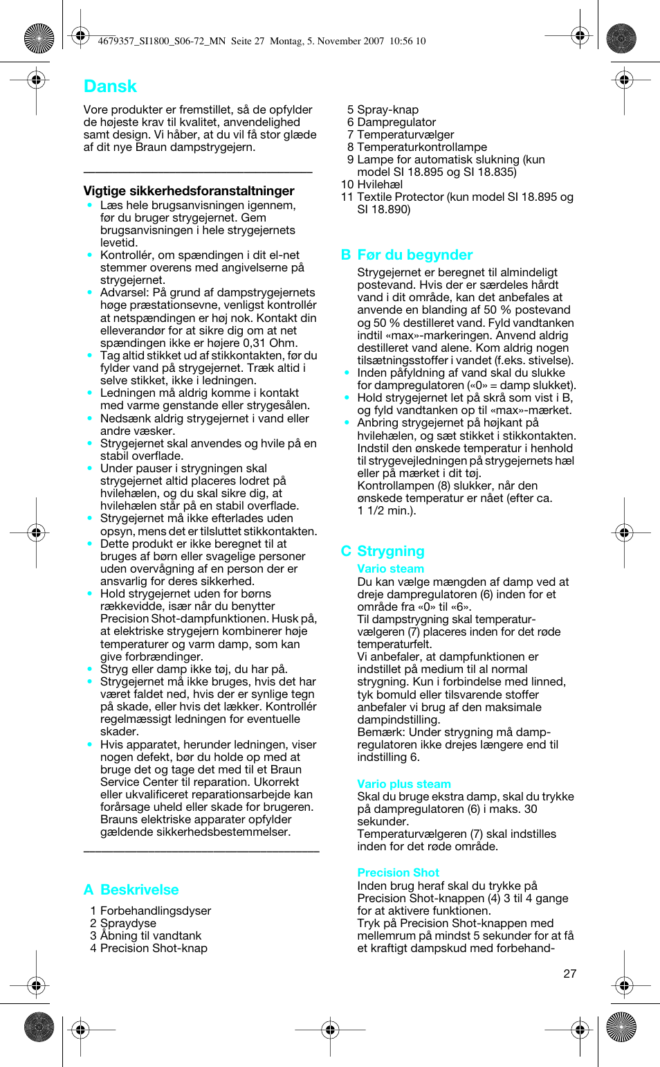 Dansk, A beskrivelse, B før du begynder | C strygning | Braun 4690 User Manual | Page 27 / 70