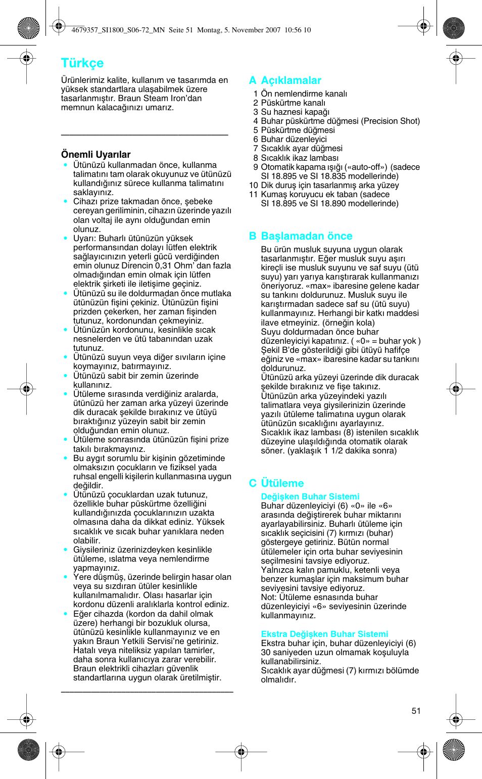 Türkçe, A açıklamalar, B baµlamadan önce | C ütüleme | Braun 4690 User Manual | Page 51 / 70