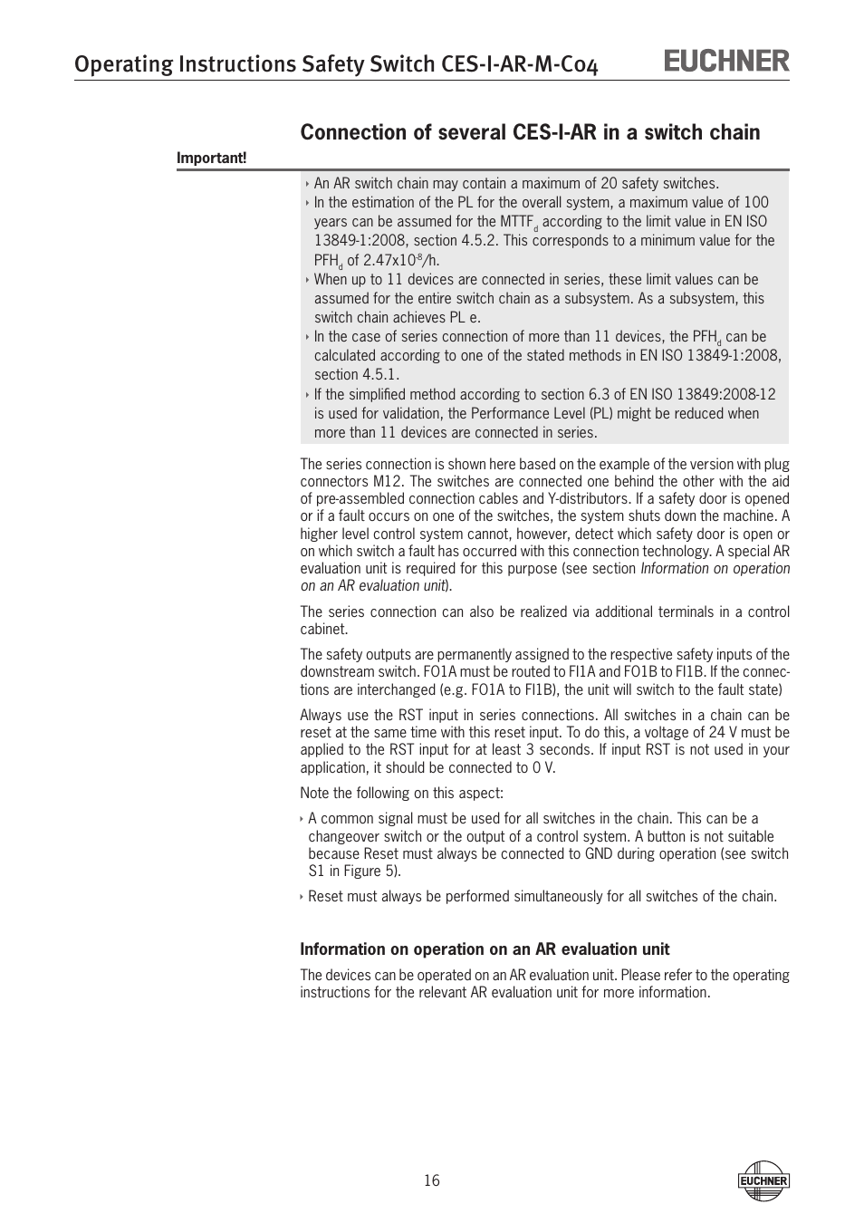 Connection of several ces-i-ar in a switch chain | EUCHNER CES-I-AR-M-C04 (Multicode) User Manual | Page 16 / 34