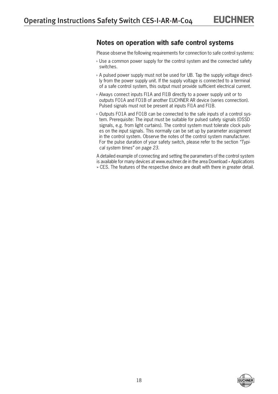 Notes on operation with safe control systems | EUCHNER CES-I-AR-M-C04 (Multicode) User Manual | Page 18 / 34