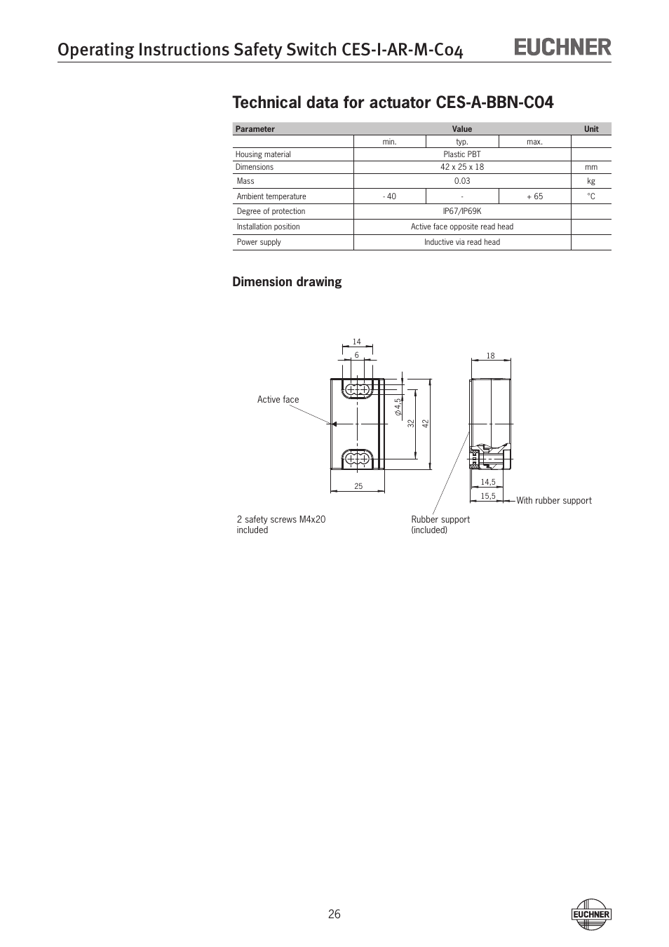 Technical data for actuator ces-a-bbn-c04, Dimension drawing | EUCHNER CES-I-AR-M-C04 (Multicode) User Manual | Page 26 / 34