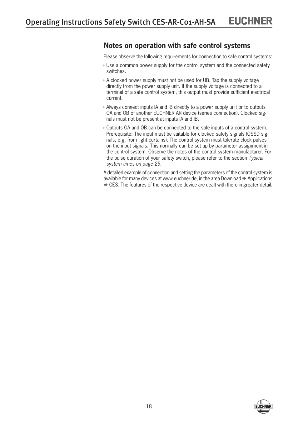 Notes on operation with safe control systems | EUCHNER CES-AR-C01-AH-SA (Unicode) User Manual | Page 18 / 38