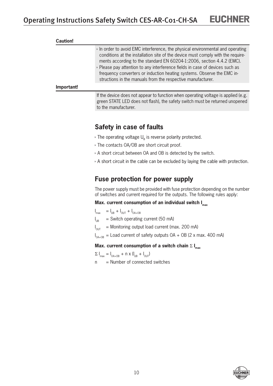 Safety in case of faults, Fuse protection for power supply | EUCHNER CES-AR-C01-CH-SA (Multicode) User Manual | Page 10 / 36