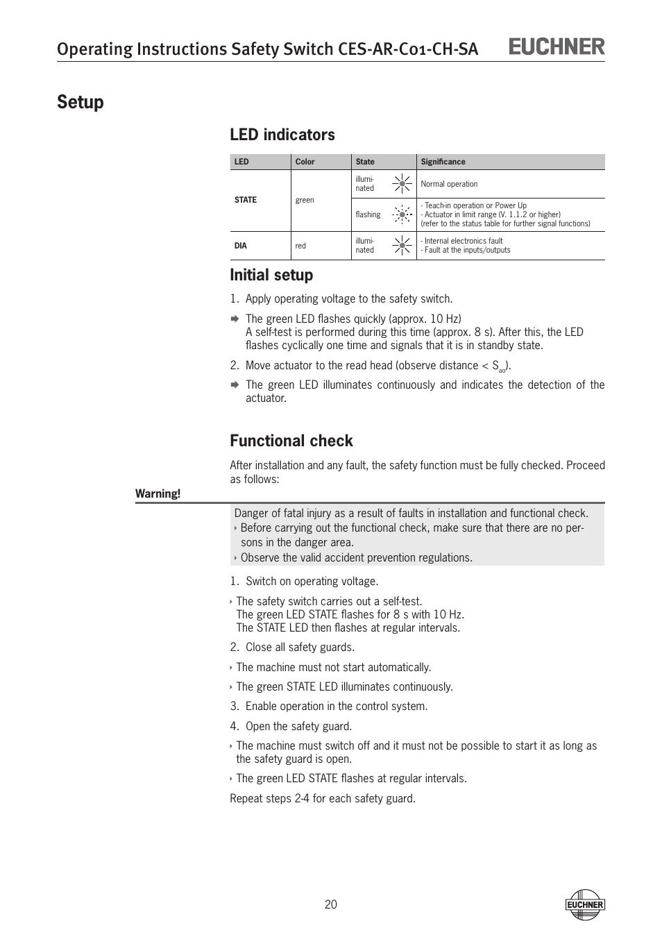 Setup, Led indicators, Initial setup | Functional check, Setup 20 led indicators | EUCHNER CES-AR-C01-CH-SA (Multicode) User Manual | Page 20 / 36