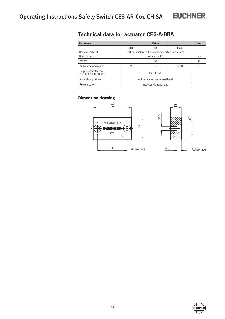 Technical data for actuator ces-a-bba, Dimension drawing | EUCHNER CES-AR-C01-CH-SA (Multicode) User Manual | Page 25 / 36
