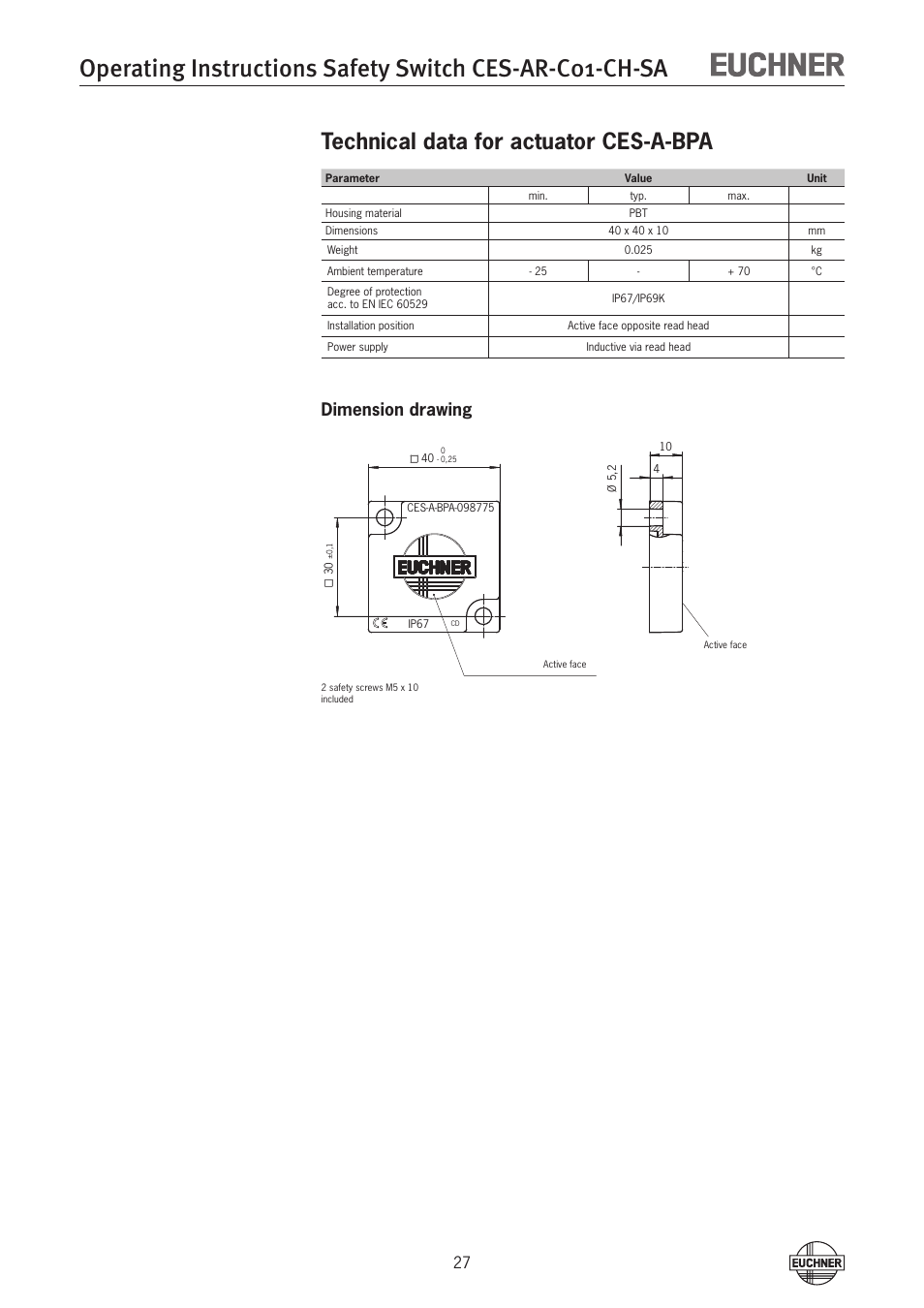 Technical data for actuator ces-a-bpa, Dimension drawing | EUCHNER CES-AR-C01-CH-SA (Multicode) User Manual | Page 27 / 36