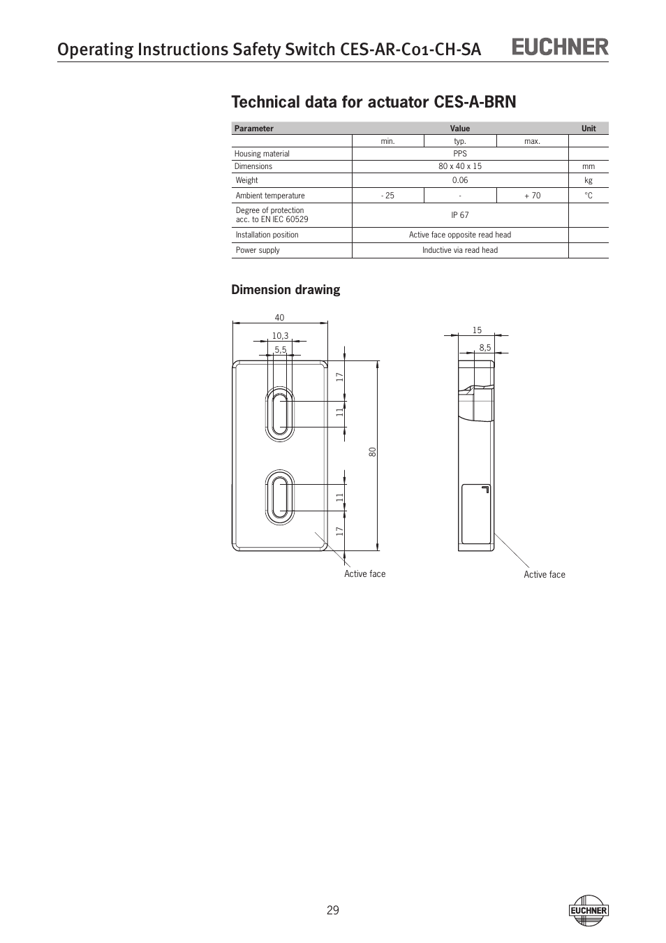 Technical data for actuator ces-a-brn, Dimension drawing | EUCHNER CES-AR-C01-CH-SA (Multicode) User Manual | Page 29 / 36