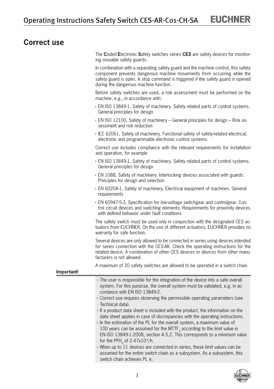 Correct use | EUCHNER CES-AR-C01-CH-SA (Multicode) User Manual | Page 3 / 36