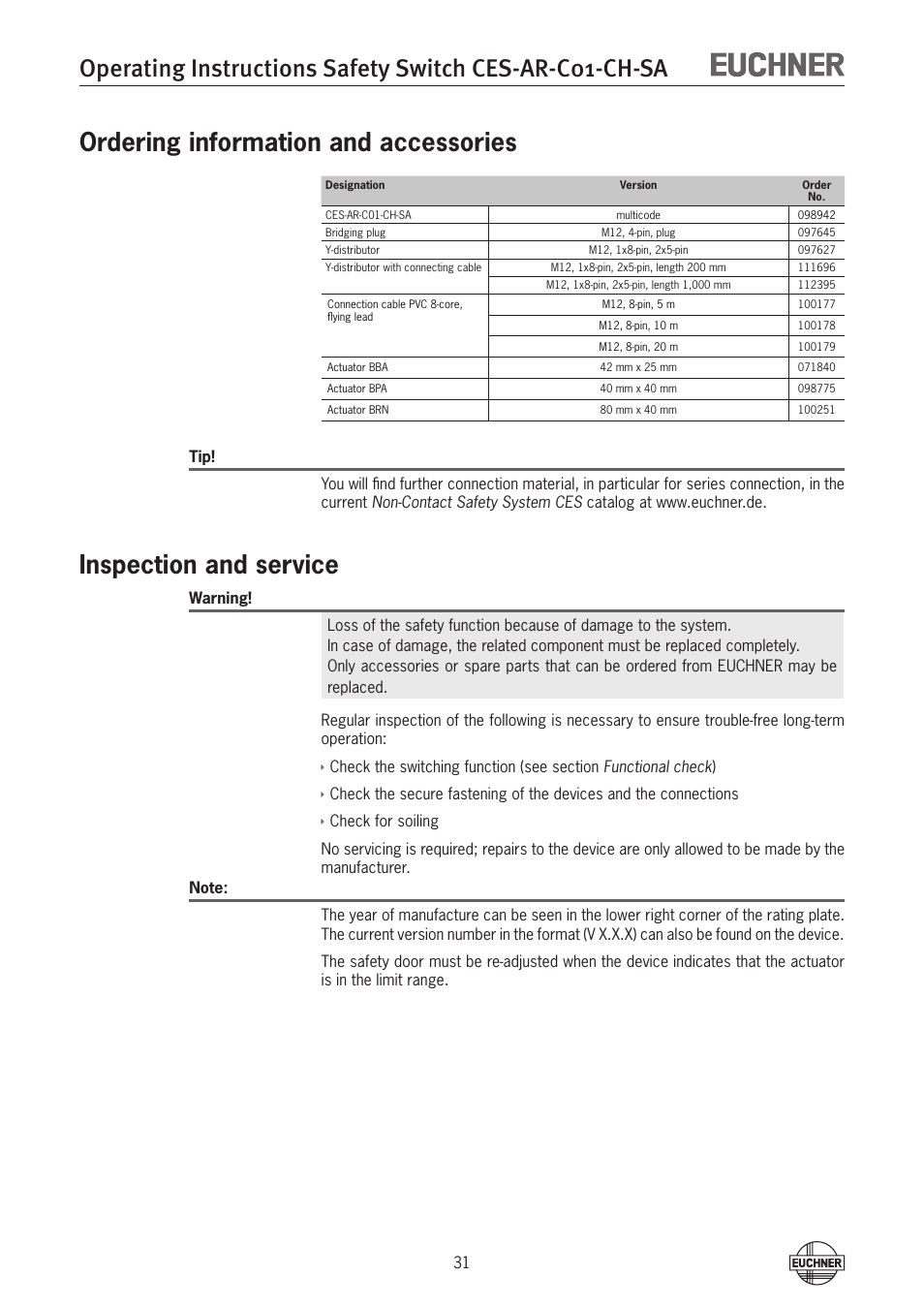 Ordering information and accessories, Inspection and service | EUCHNER CES-AR-C01-CH-SA (Multicode) User Manual | Page 31 / 36