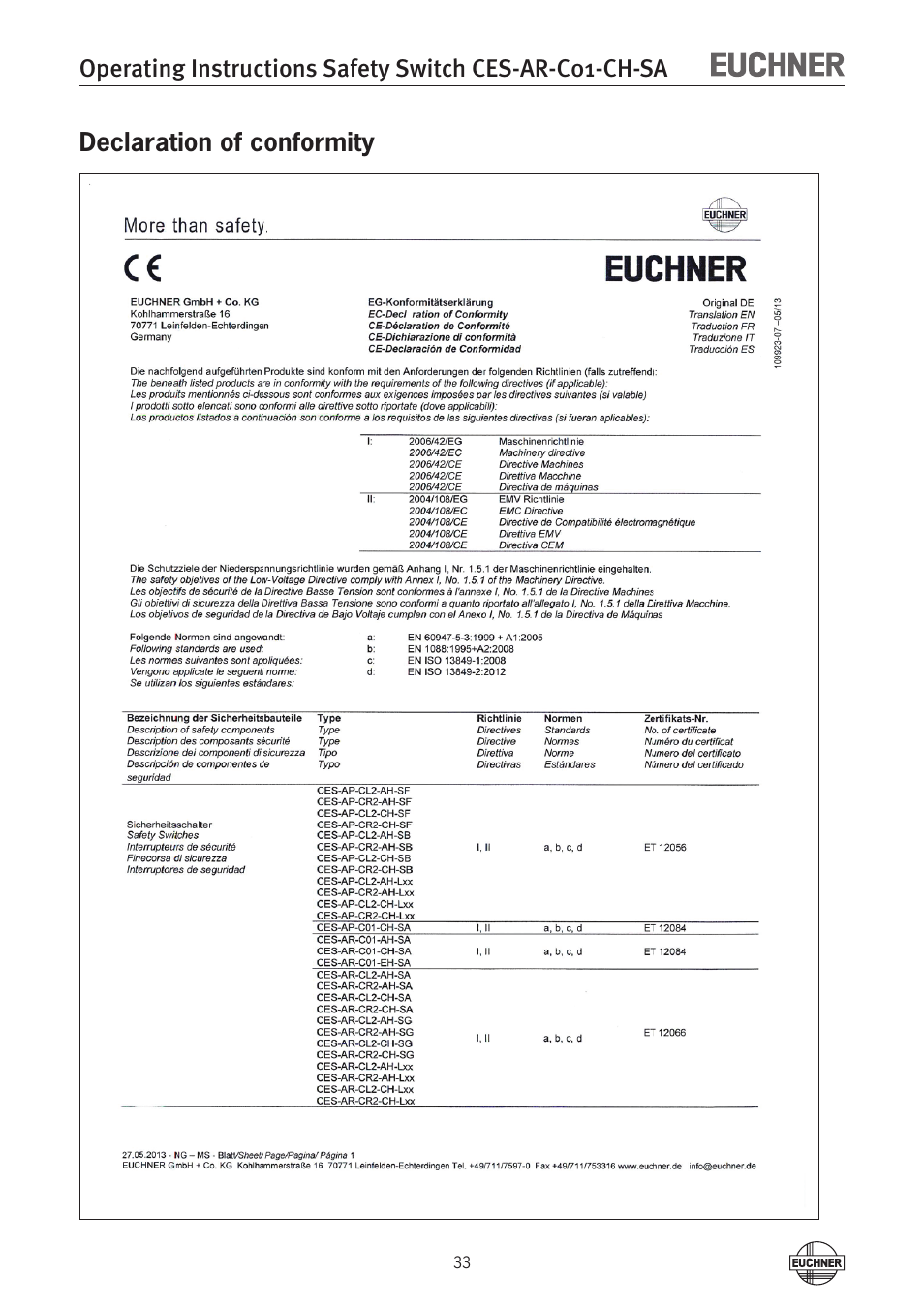 Declaration of conformity | EUCHNER CES-AR-C01-CH-SA (Multicode) User Manual | Page 33 / 36