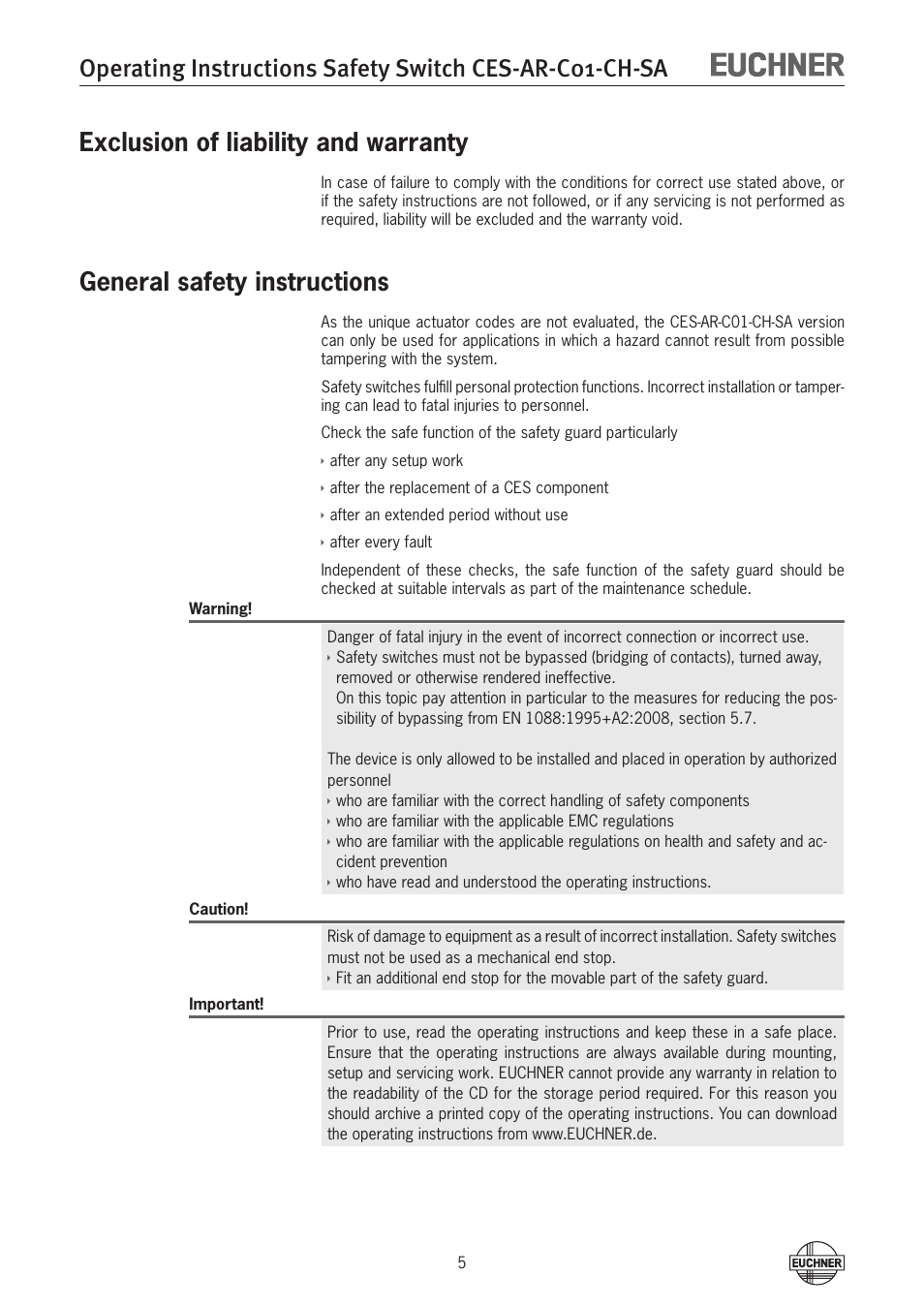 Exclusion of liability and warranty, General safety instructions | EUCHNER CES-AR-C01-CH-SA (Multicode) User Manual | Page 5 / 36