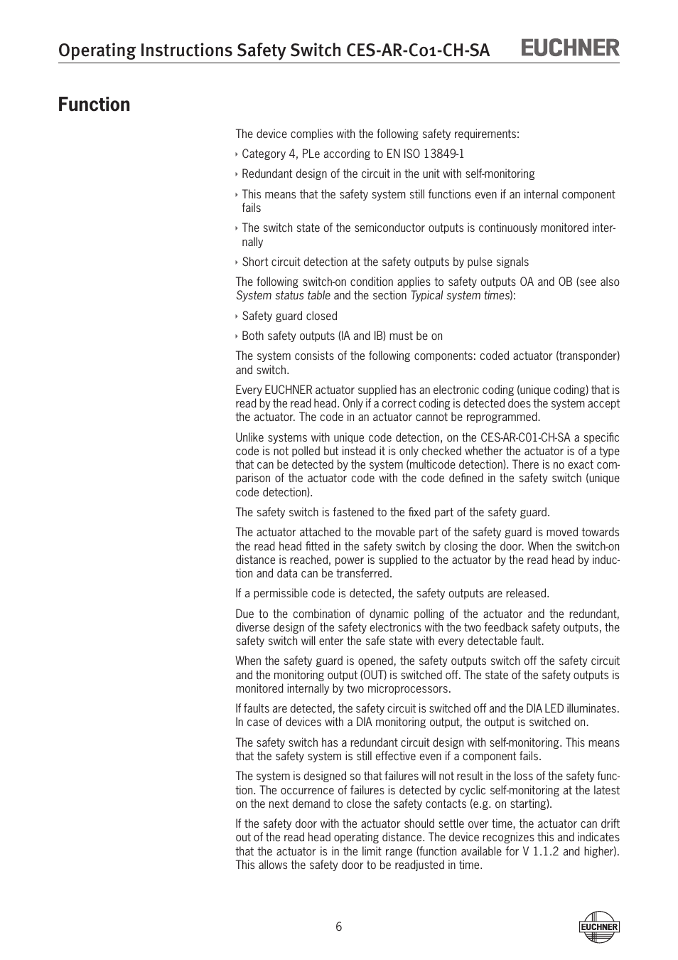Function, Function 6 | EUCHNER CES-AR-C01-CH-SA (Multicode) User Manual | Page 6 / 36