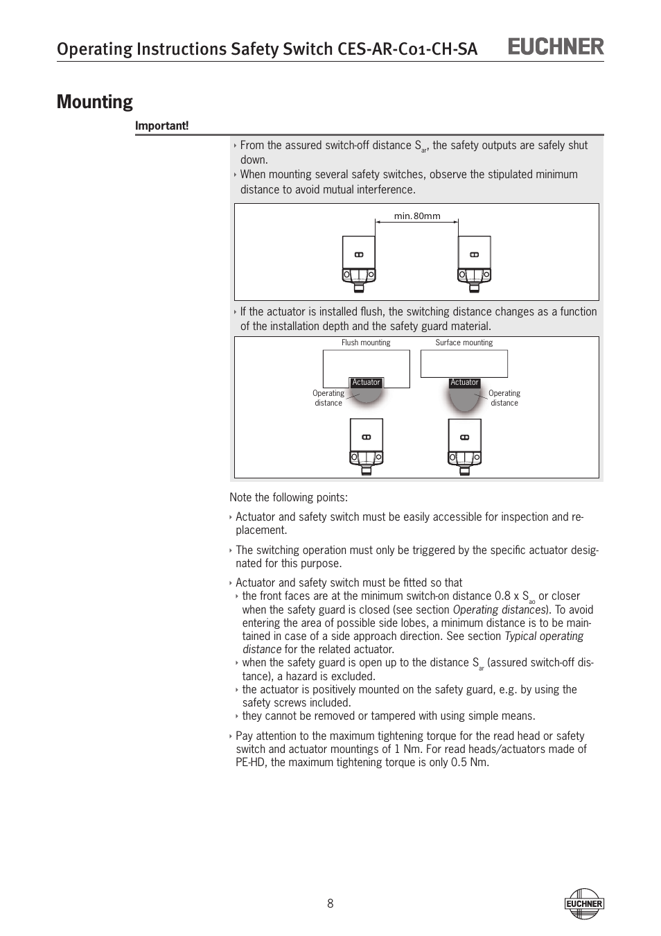 Mounting, Mounting 8 | EUCHNER CES-AR-C01-CH-SA (Multicode) User Manual | Page 8 / 36