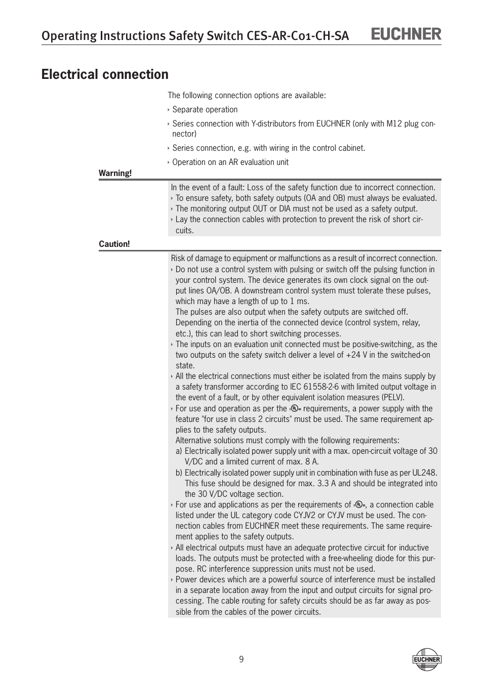 Electrical connection | EUCHNER CES-AR-C01-CH-SA (Multicode) User Manual | Page 9 / 36