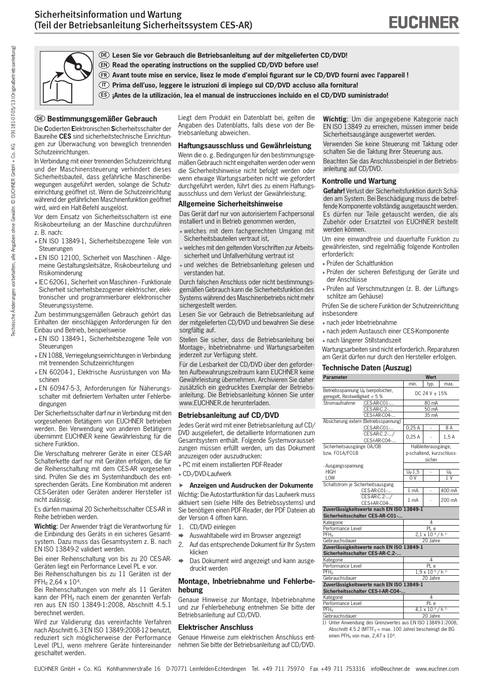 EUCHNER CES-AR User Manual | 6 pages