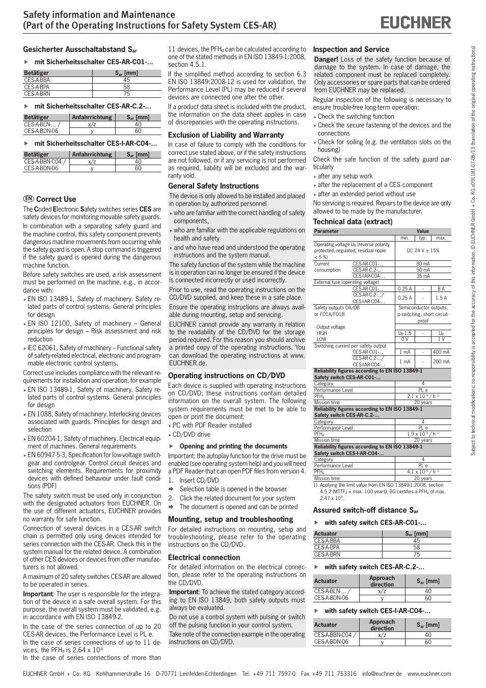 Correct use, Exclusion of liability and warranty, General safety instructions | Operating instructions on cd/dvd, Mounting, setup and troubleshooting, Electrical connection, Inspection and service, Technical data (extract), Assured switch‑off distance s, Gesicherter ausschaltabstand s | EUCHNER CES-AR User Manual | Page 2 / 6