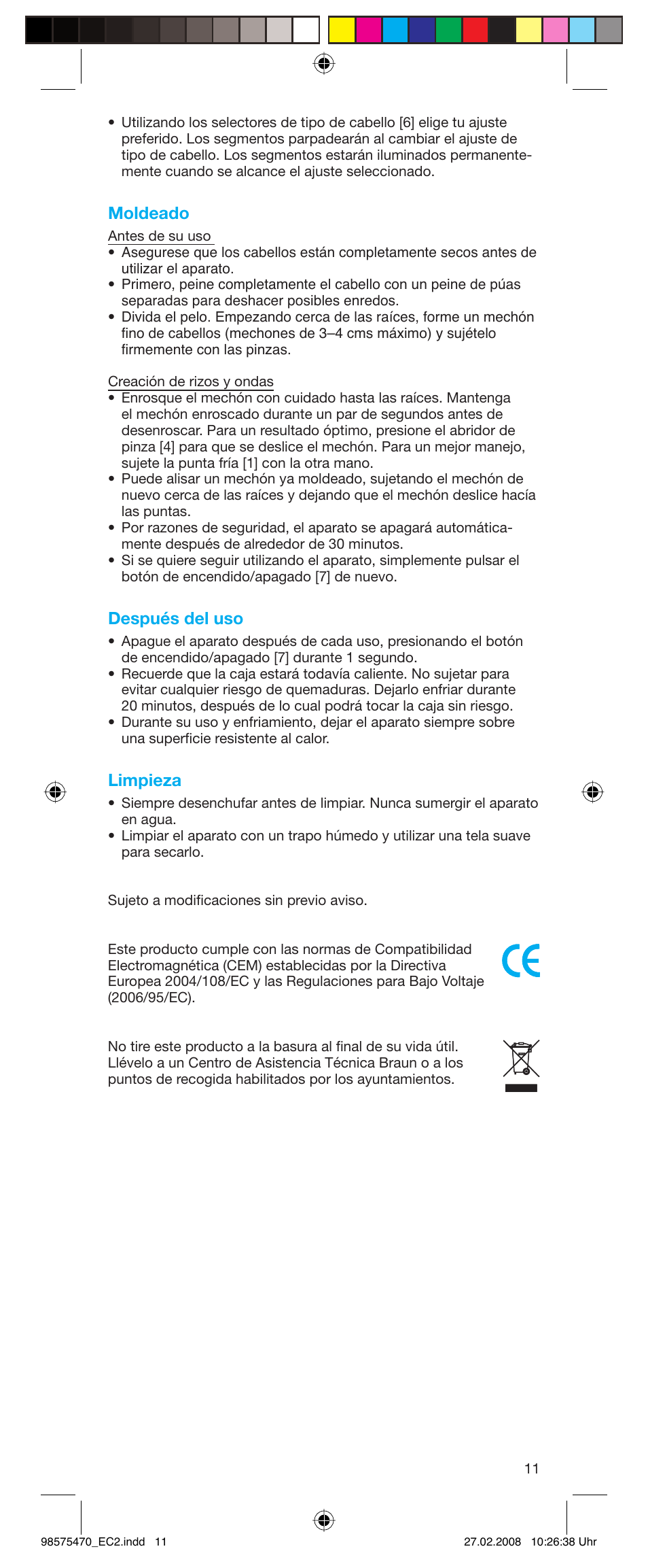 Moldeado, Después del uso, Limpieza | Braun Satin Hair EC 2 User Manual | Page 11 / 64