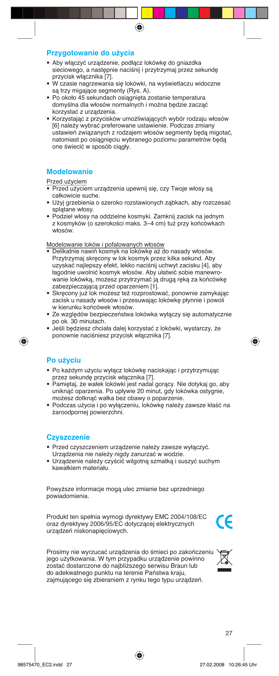 Przygotowanie do użycia, Modelowanie, Po użyciu | Czyszczenie | Braun Satin Hair EC 2 User Manual | Page 27 / 64