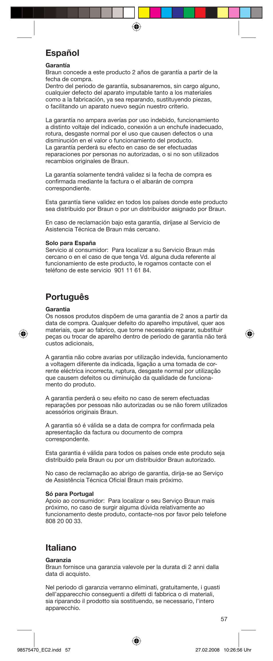 Español, Português, Italiano | Braun Satin Hair EC 2 User Manual | Page 57 / 64