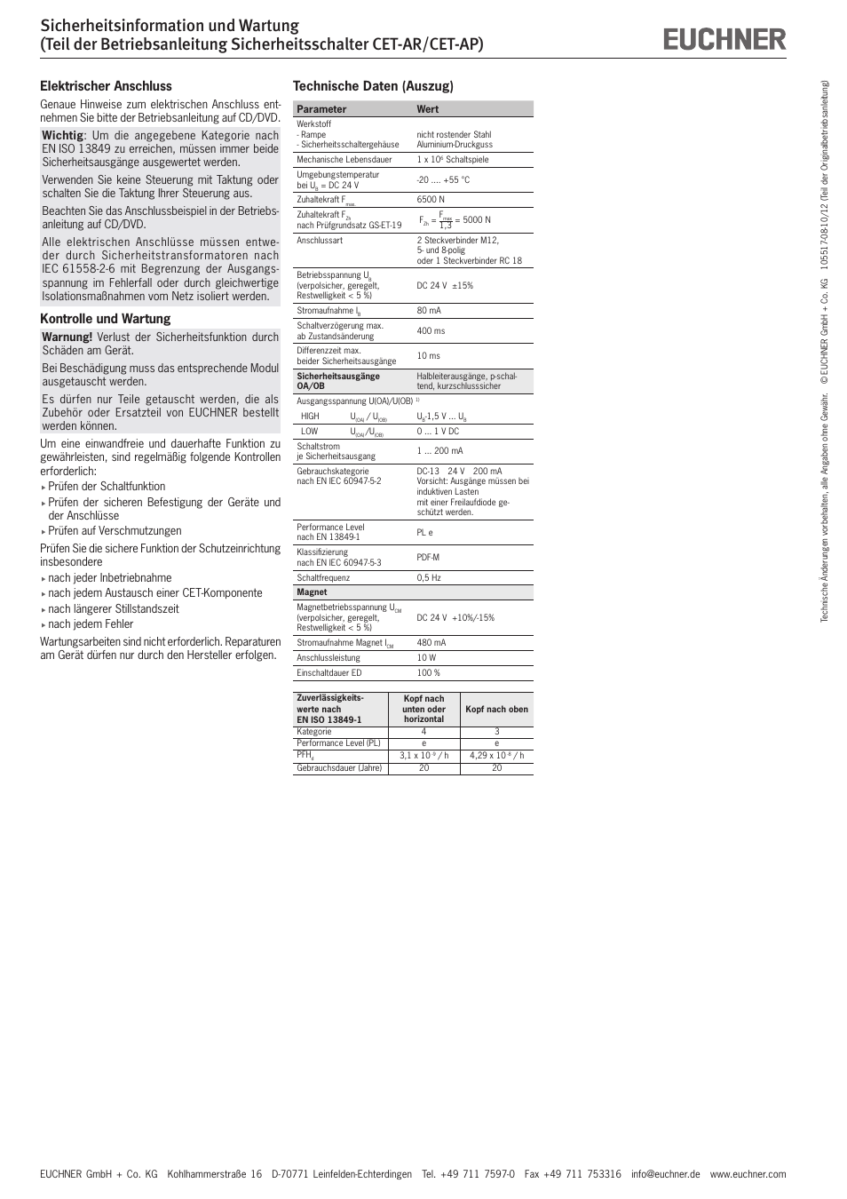 Elektrischer anschluss, Kontrolle und wartung, Technische daten (auszug) | EUCHNER CET-AP User Manual | Page 2 / 10