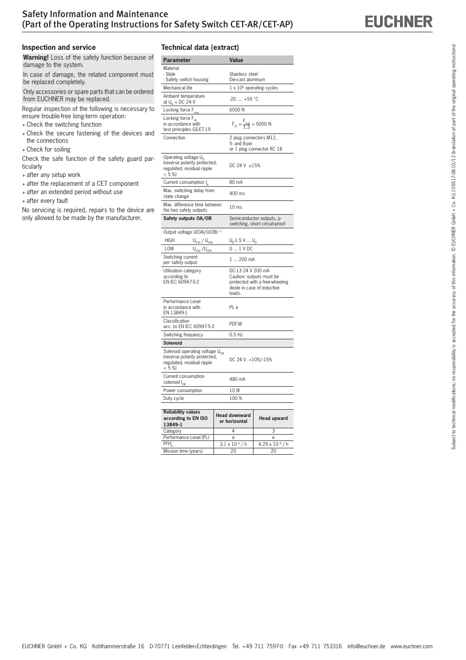 Inspection and service, Technical data (extract) | EUCHNER CET-AP User Manual | Page 4 / 10