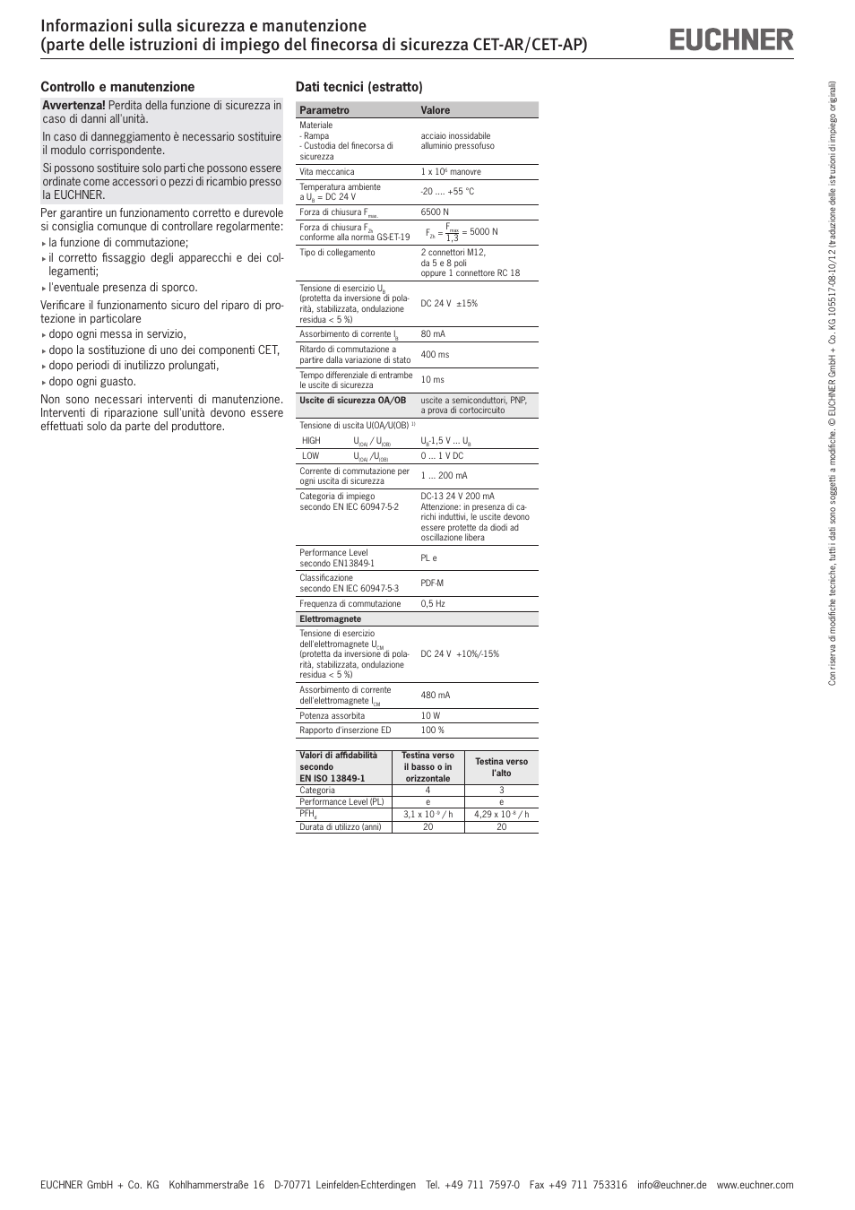 Controllo e manutenzione, Dati tecnici (estratto) | EUCHNER CET-AP User Manual | Page 8 / 10