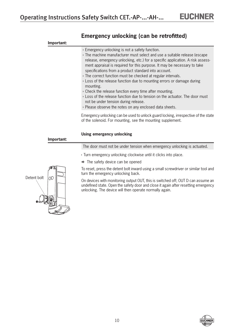 Emergency unlocking (can be retrofitted) | EUCHNER CETx-AP-xxx-AH-xxx (Unicode) User Manual | Page 10 / 38