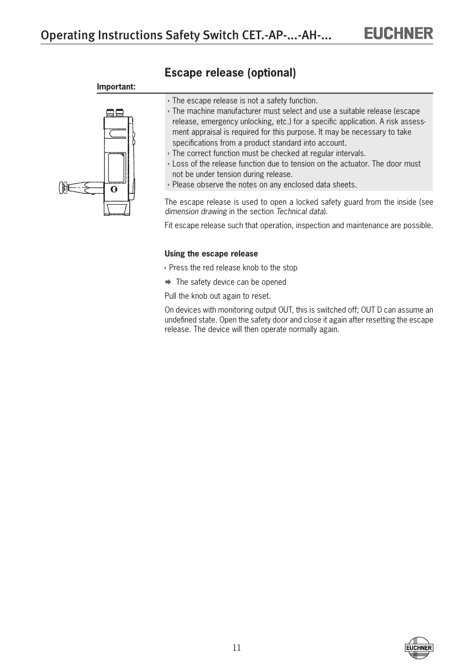 Escape release (optional) | EUCHNER CETx-AP-xxx-AH-xxx (Unicode) User Manual | Page 11 / 38