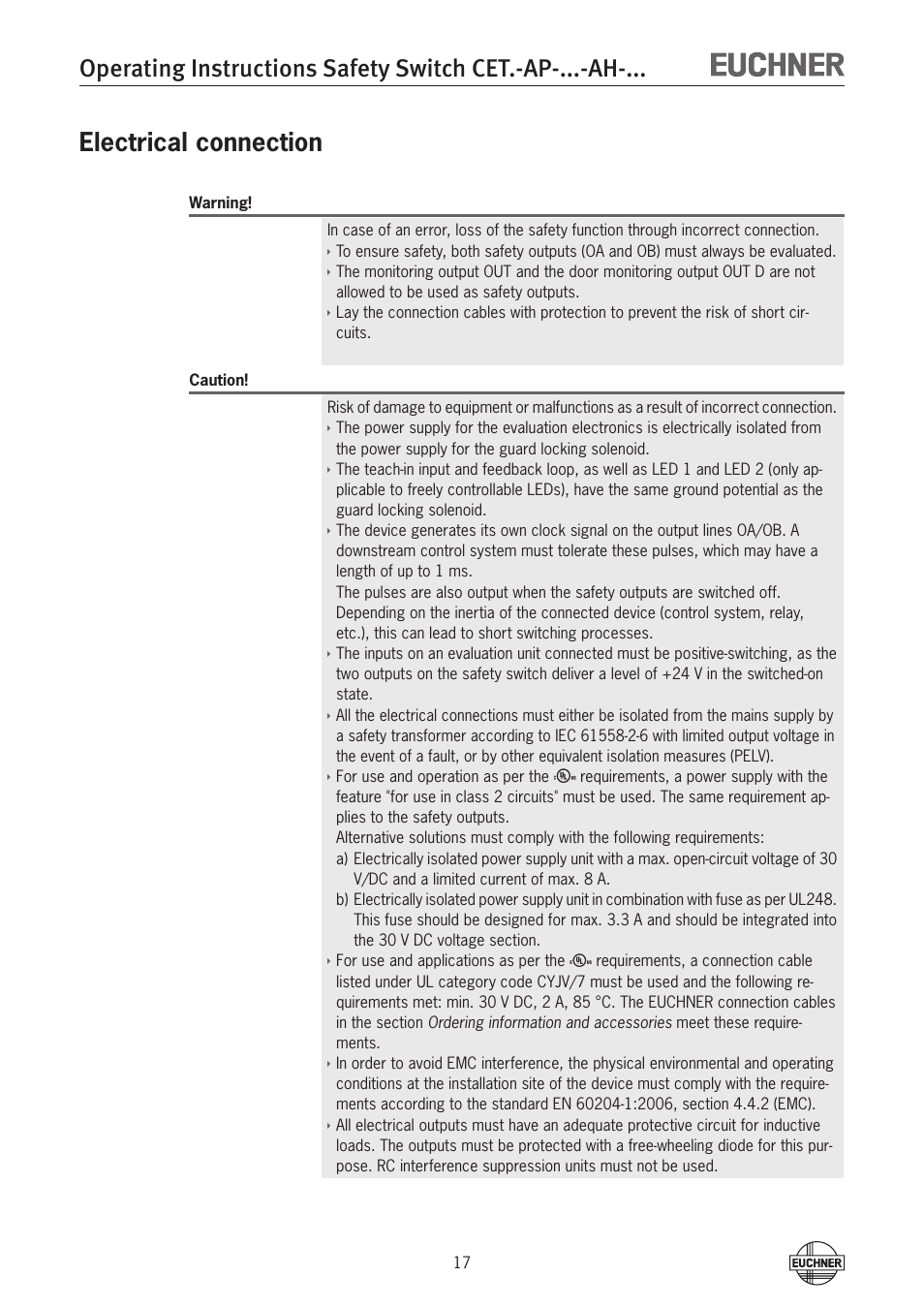 Electrical connection | EUCHNER CETx-AP-xxx-AH-xxx (Unicode) User Manual | Page 17 / 38