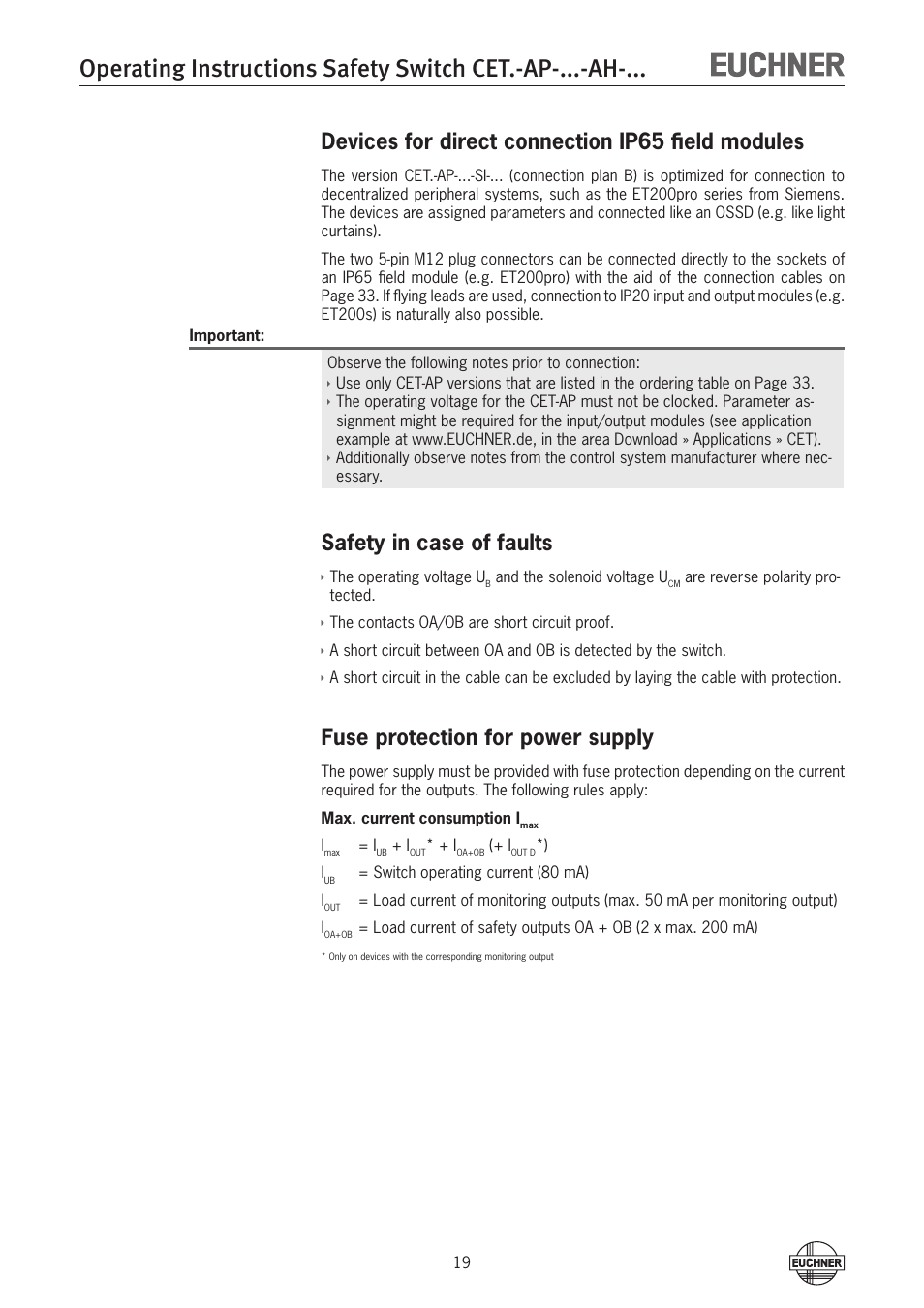Devices for direct connection ip65 field modules, Safety in case of faults, Fuse protection for power supply | EUCHNER CETx-AP-xxx-AH-xxx (Unicode) User Manual | Page 19 / 38