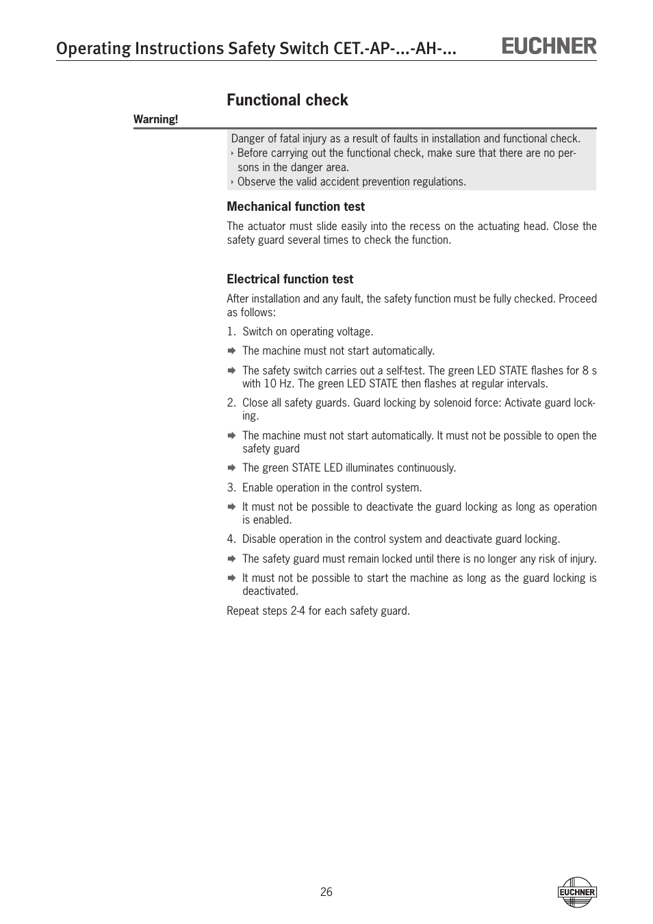 Functional check | EUCHNER CETx-AP-xxx-AH-xxx (Unicode) User Manual | Page 26 / 38