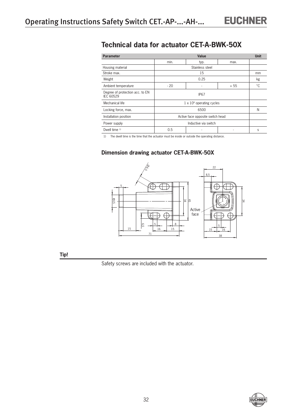 Technical data for actuator cet-a-bwk-50x, Dimension drawing actuator cet-a-bwk-50x, Tip! safety screws are included with the actuator | EUCHNER CETx-AP-xxx-AH-xxx (Unicode) User Manual | Page 32 / 38