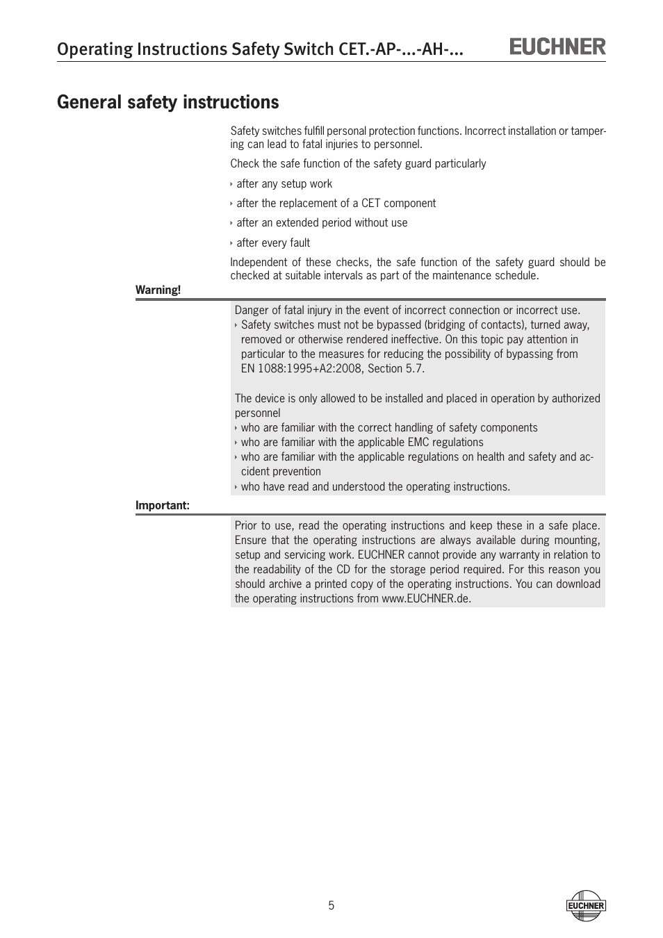 General safety instructions | EUCHNER CETx-AP-xxx-AH-xxx (Unicode) User Manual | Page 5 / 38