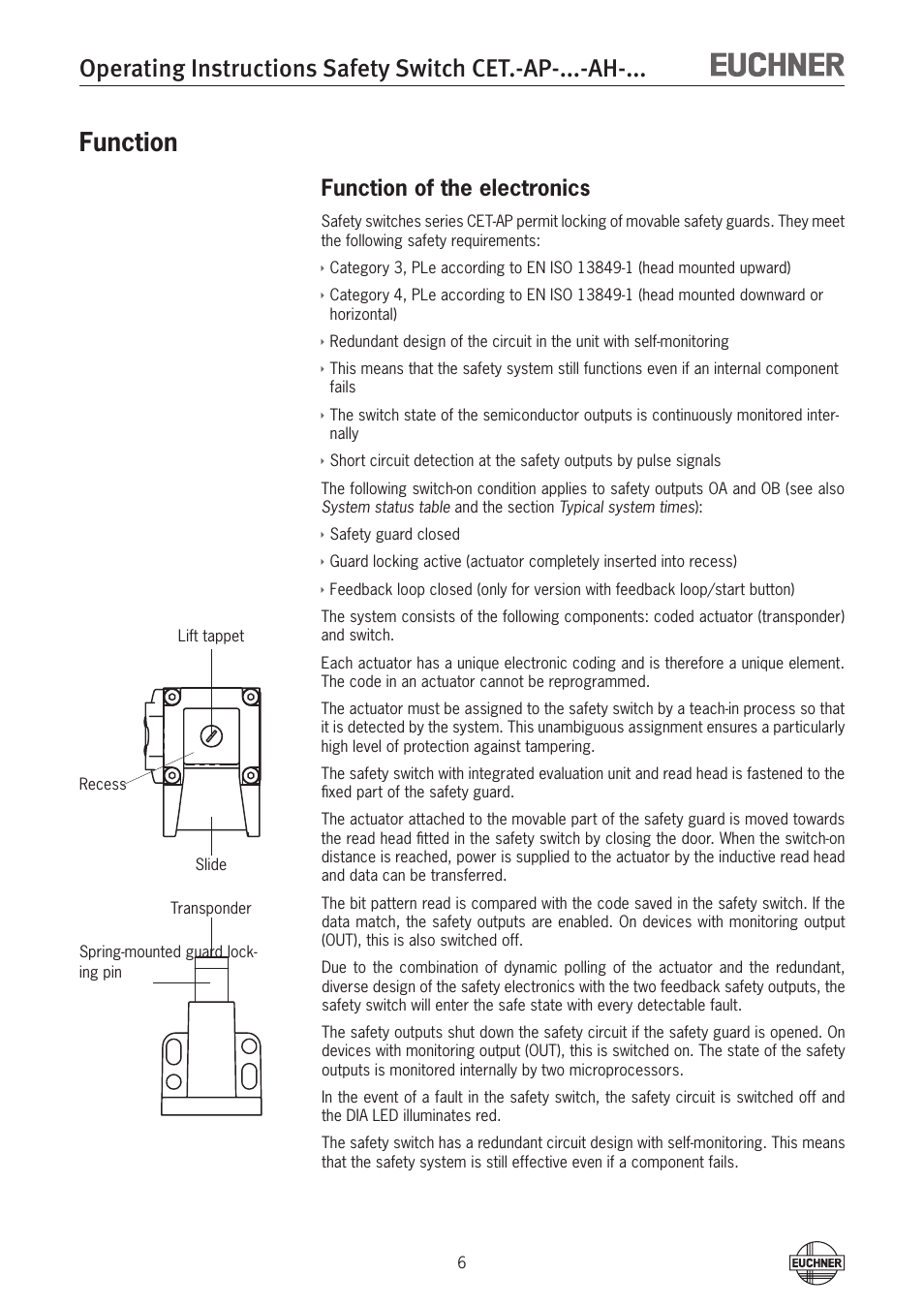 Function, Function of the electronics | EUCHNER CETx-AP-xxx-AH-xxx (Unicode) User Manual | Page 6 / 38