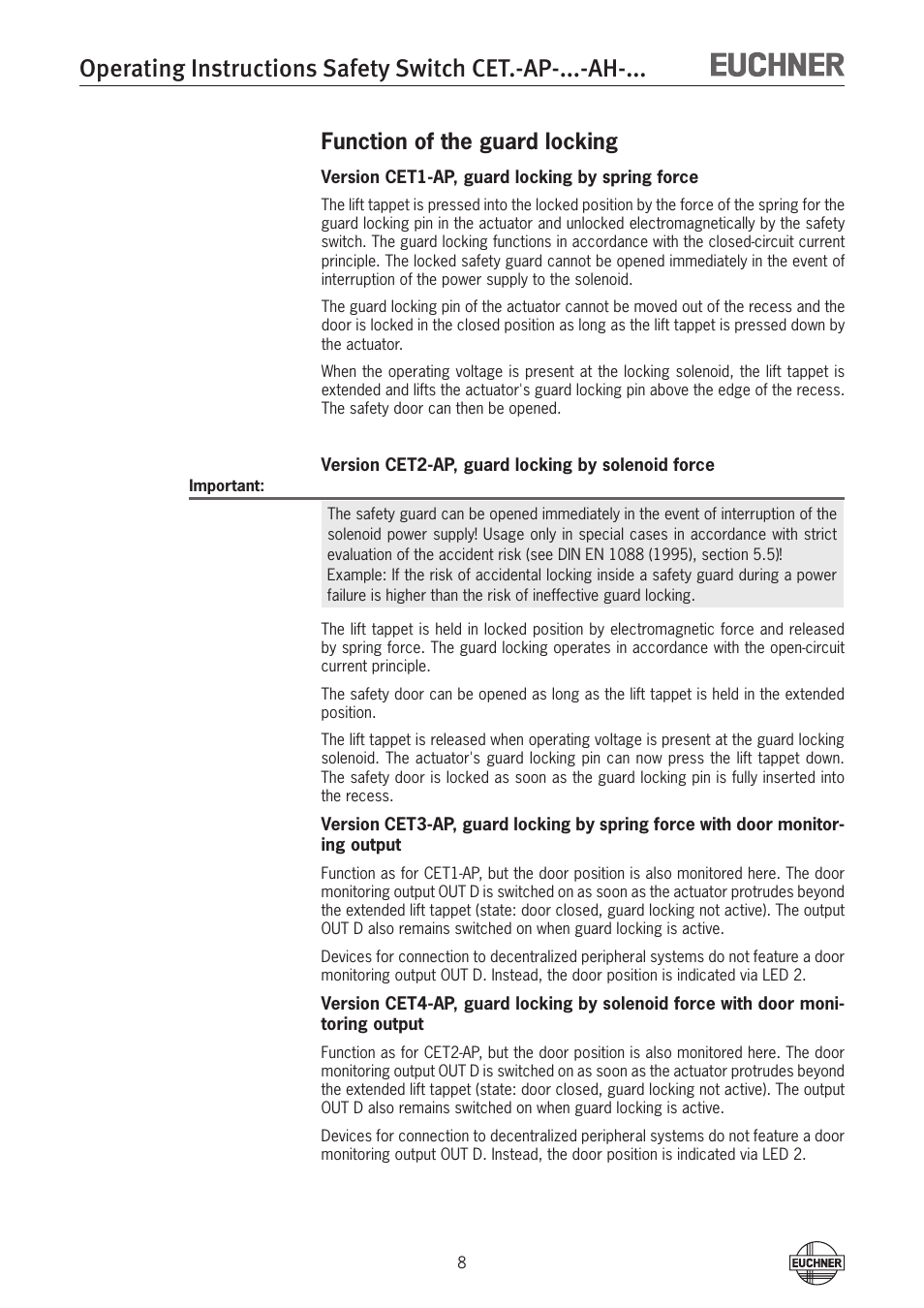 Function of the guard locking | EUCHNER CETx-AP-xxx-AH-xxx (Unicode) User Manual | Page 8 / 38