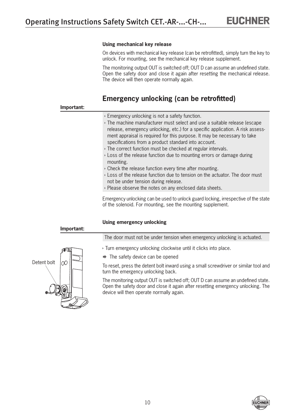 Emergency unlocking (can be retrofitted) | EUCHNER CETx-AR-xxx-CH-xxx (Multicode) User Manual | Page 10 / 50