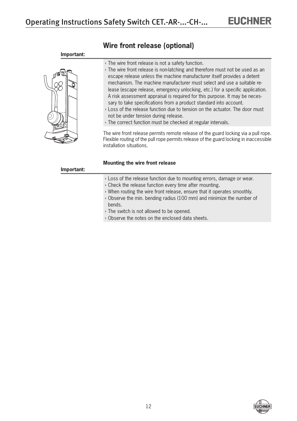 Wire front release (optional) | EUCHNER CETx-AR-xxx-CH-xxx (Multicode) User Manual | Page 12 / 50